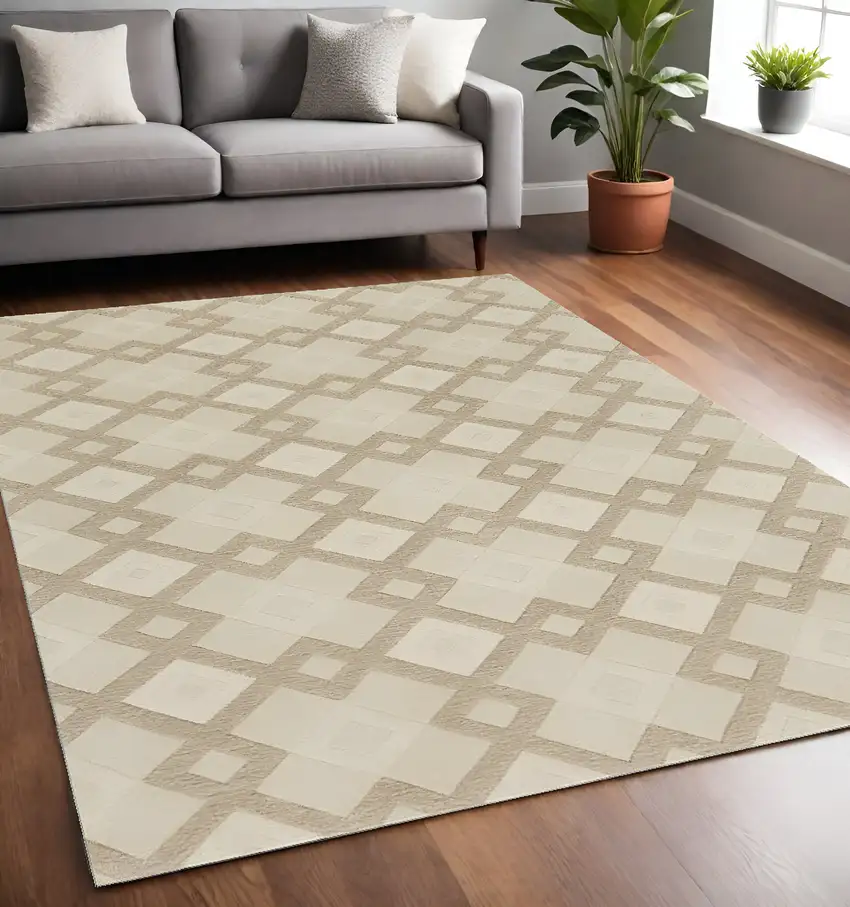 Ivory And Brown Wool Geometric Hand Tufted Area Rug Photo 2