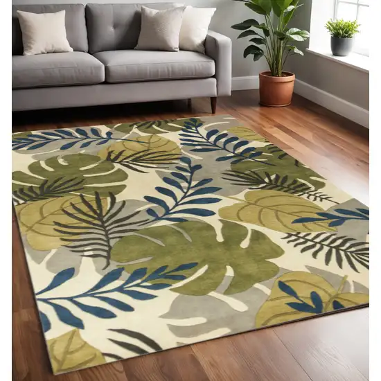 Ivory Green And Blue Wool Botanical Leaves Hand Tufted Area Rug Photo 1
