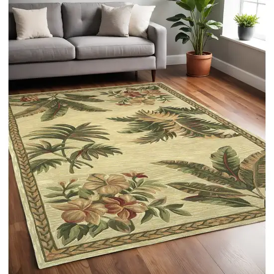 Ivory Green And Brown Wool Tropical Botanical Hand Tufted Area Rug Photo 1