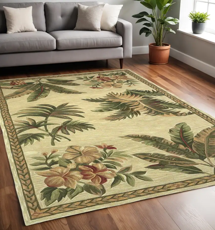 Ivory Green And Brown Wool Tropical Botanical Hand Tufted Area Rug Photo 1