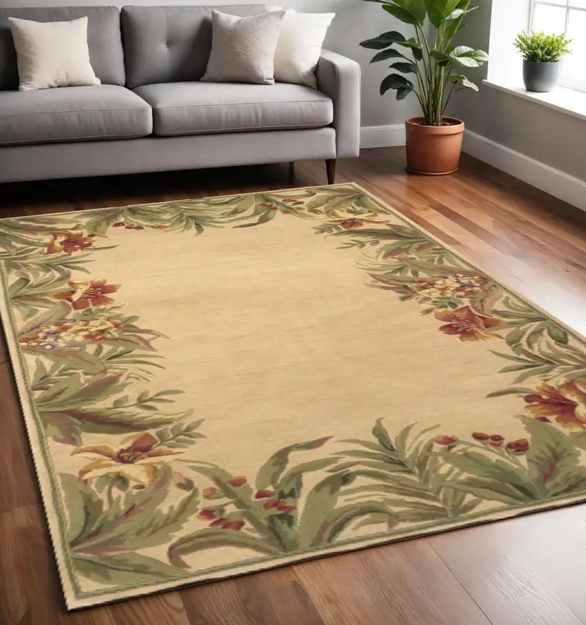 Beige Red And Green Wool Tropical Floral Hand Tufted Area Rug Photo 1