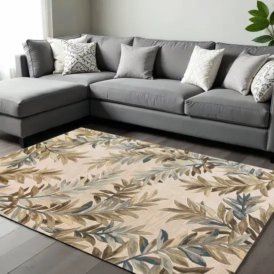 Ivory Brown And Blue Wool Botanical Leaves Hand Tufted Area Rug Photo 1