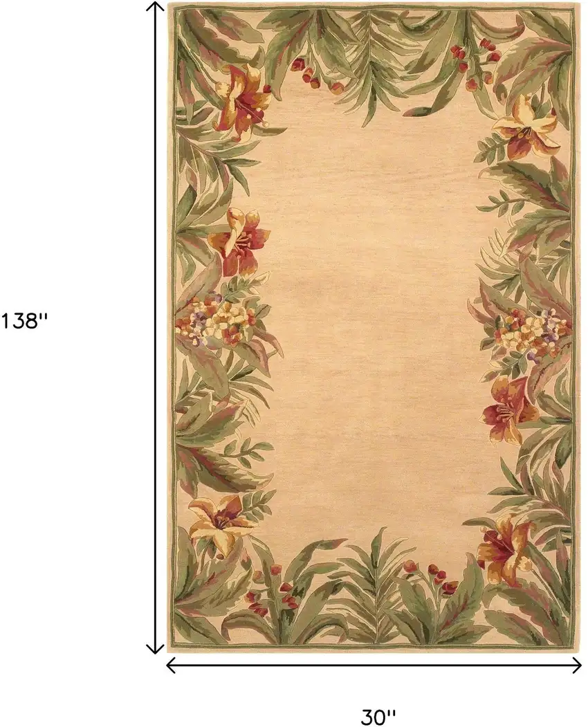 Beige Red And Green Wool Tropical Floral Hand Tufted Area Rug Photo 3