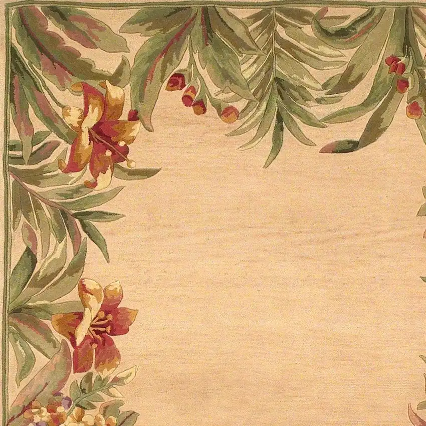 Beige Red And Green Wool Tropical Floral Hand Tufted Area Rug Photo 7