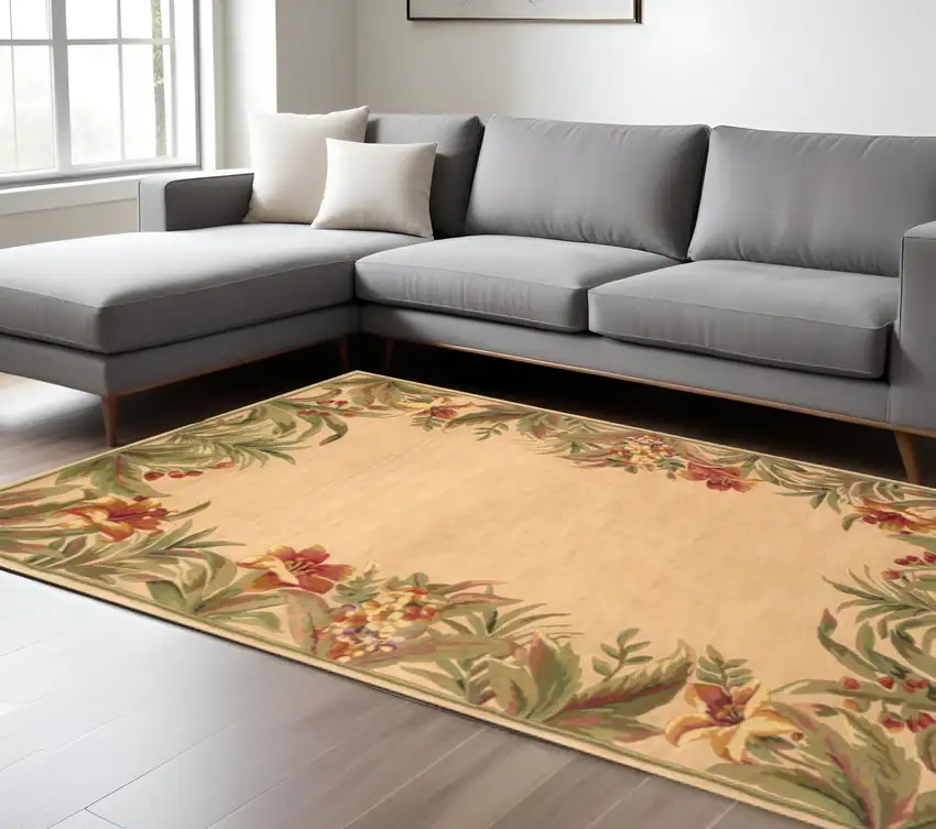 Beige Red And Green Wool Tropical Floral Hand Tufted Area Rug Photo 1