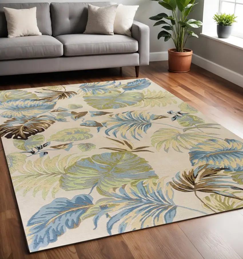 Ivory And Blue Wool Botanical Leaves Hand Tufted Area Rug Photo 1