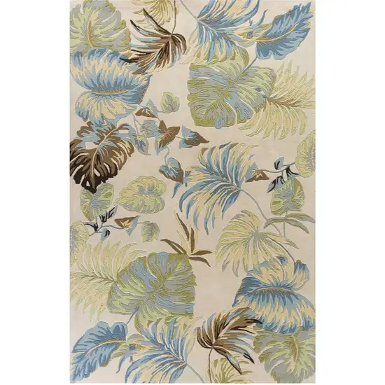 Ivory And Blue Wool Botanical Leaves Hand Tufted Area Rug Photo 2