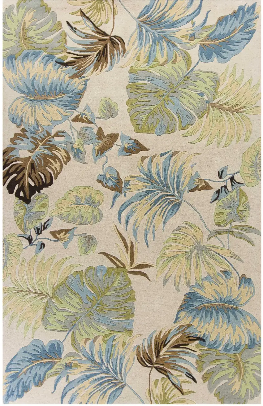 Ivory And Blue Wool Botanical Leaves Hand Tufted Area Rug Photo 2