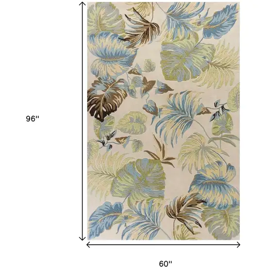 Ivory And Blue Wool Botanical Leaves Hand Tufted Area Rug Photo 3