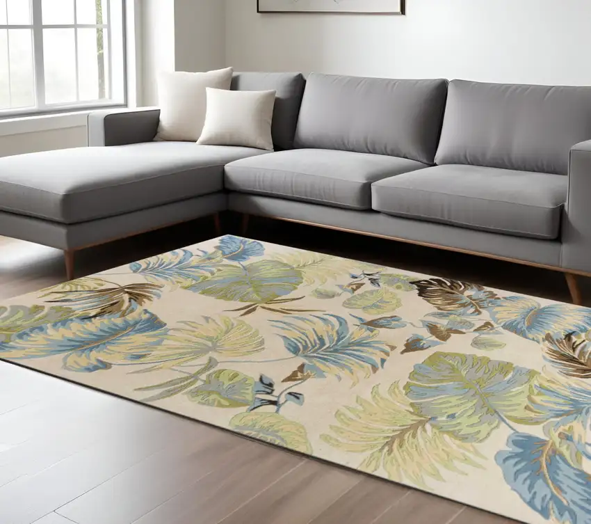 Ivory And Blue Wool Botanical Leaves Hand Tufted Area Rug Photo 1
