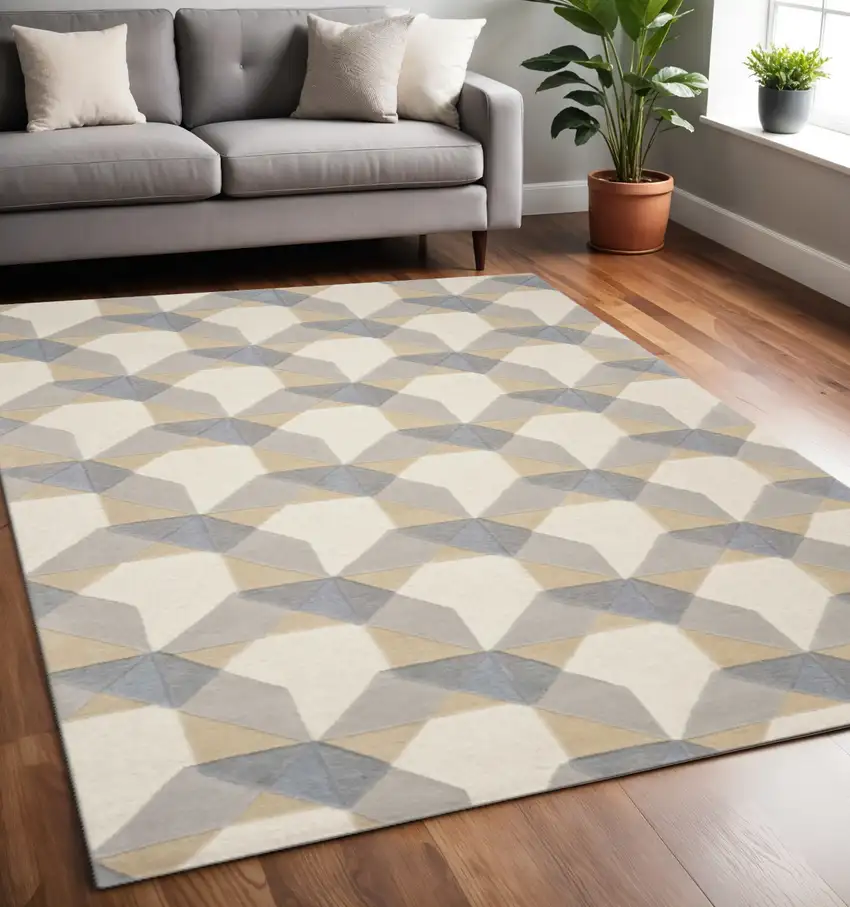 Ivory Gray And Cream Wool Geometric Hand Tufted Area Rug Photo 1