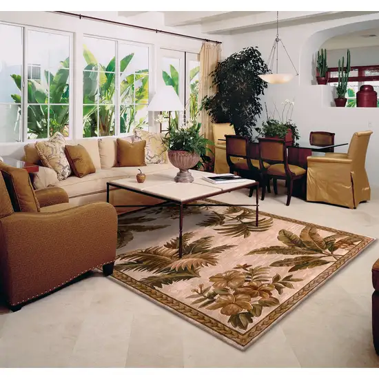 Ivory Green And Brown Wool Tropical Botanical Hand Tufted Area Rug Photo 8