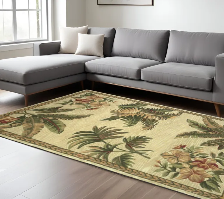 Wool Ivory with Laurel Border Palm Tree Area Rug Photo 1