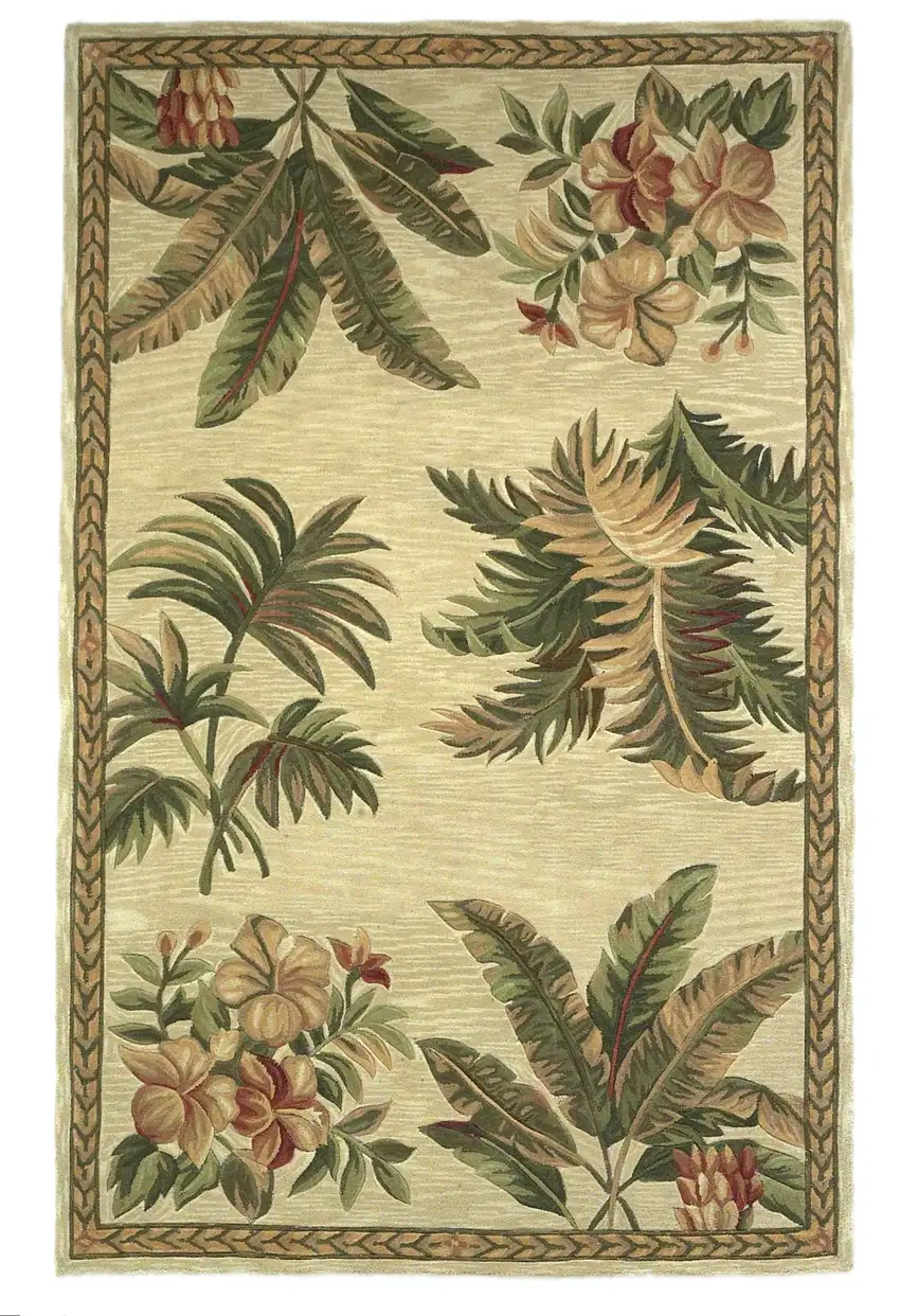 Ivory Green And Brown Wool Tropical Botanical Hand Tufted Area Rug Photo 2