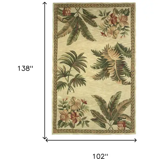Ivory Green And Brown Wool Tropical Botanical Hand Tufted Area Rug Photo 3