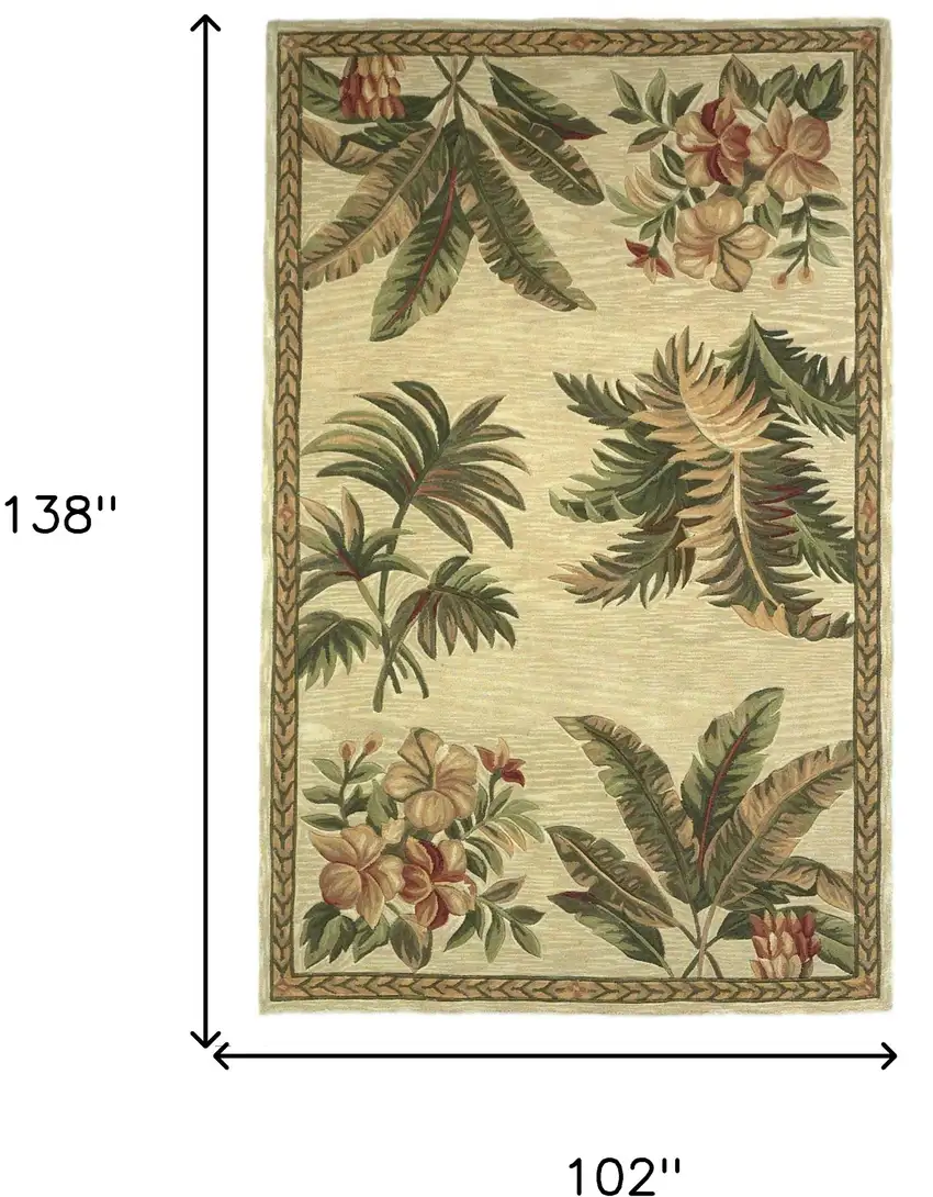Ivory Green And Brown Wool Tropical Botanical Hand Tufted Area Rug Photo 3