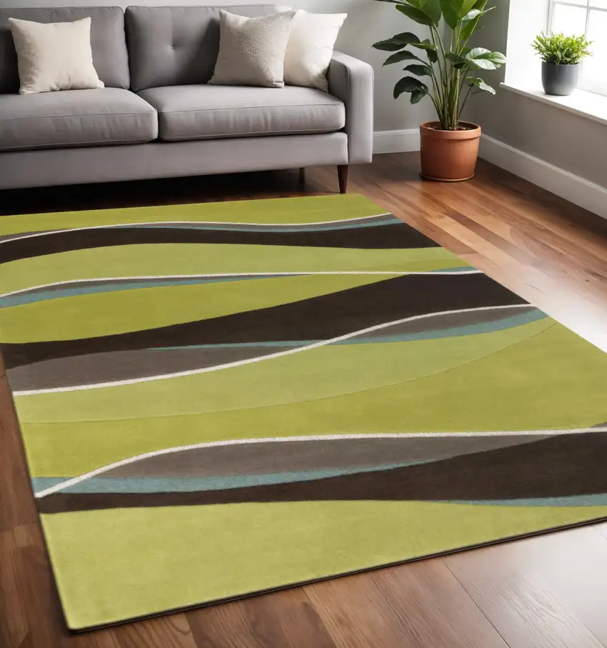 Lime Green Brown And Blue Wool Abstract Hand Tufted Area Rug Photo 1