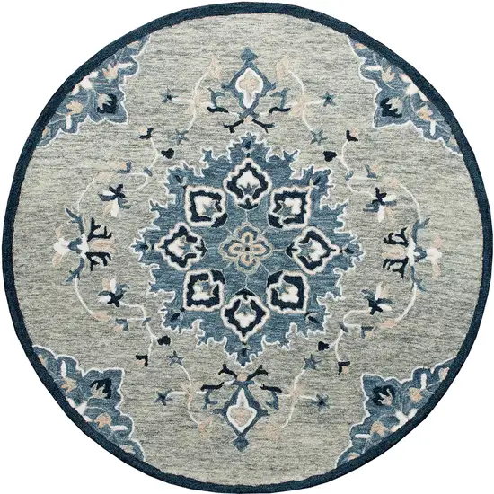 7' Blue And Gray Wool Medallion Hand Tufted Round Rug Photo 3