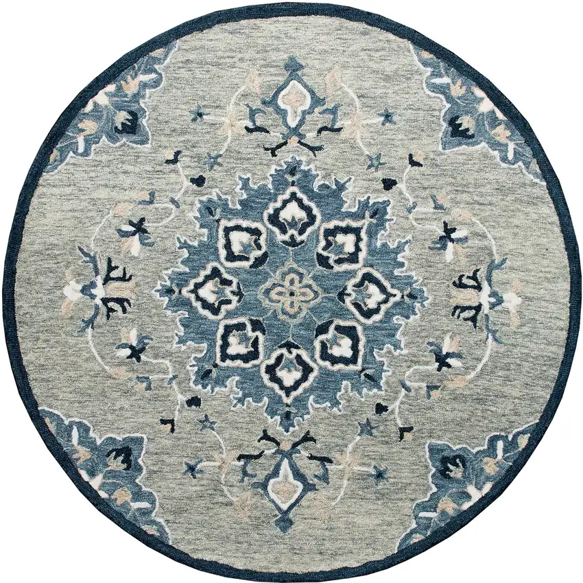7' Blue And Gray Wool Medallion Hand Tufted Round Rug Photo 3