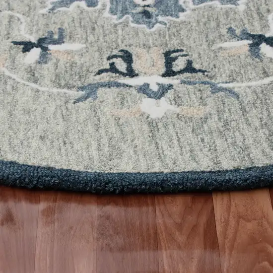 7' Blue And Gray Wool Medallion Hand Tufted Round Rug Photo 4