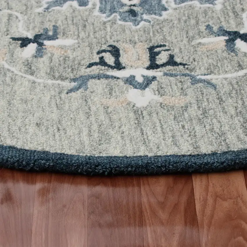 7' Blue And Gray Wool Medallion Hand Tufted Round Rug Photo 4