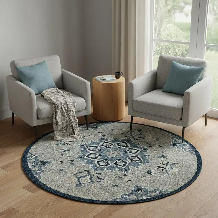 7' Blue And Gray Wool Medallion Hand Tufted Round Rug Photo 1