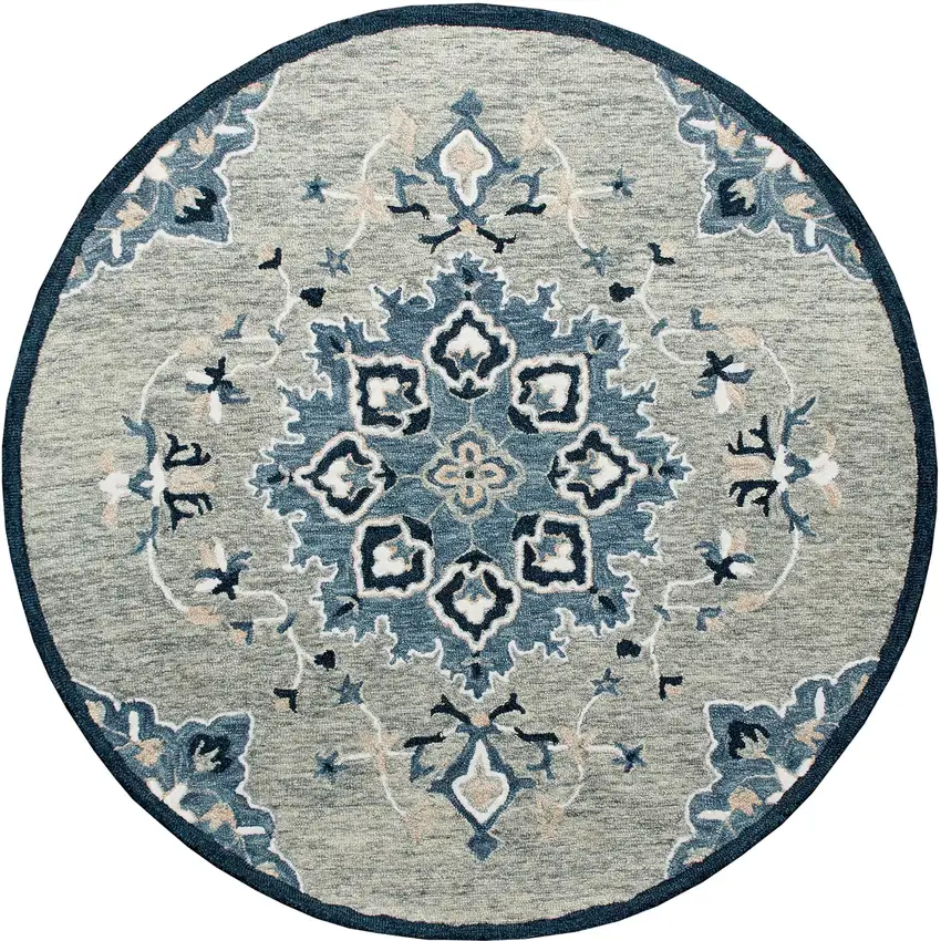 7' Blue And Gray Wool Medallion Hand Tufted Round Rug Photo 2