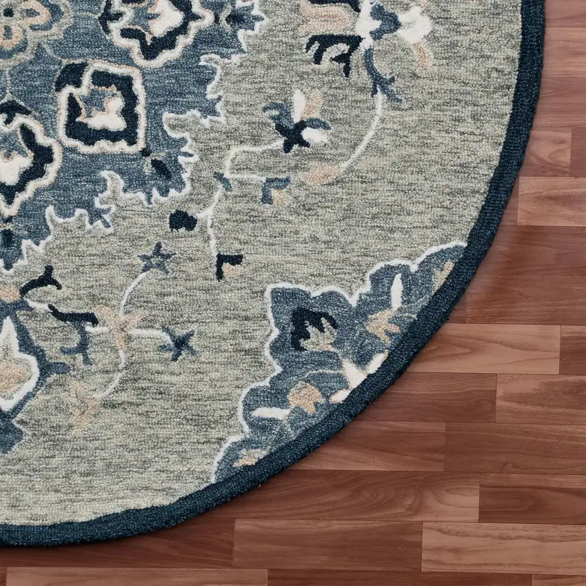 7' Blue And Gray Wool Medallion Hand Tufted Round Rug Photo 6