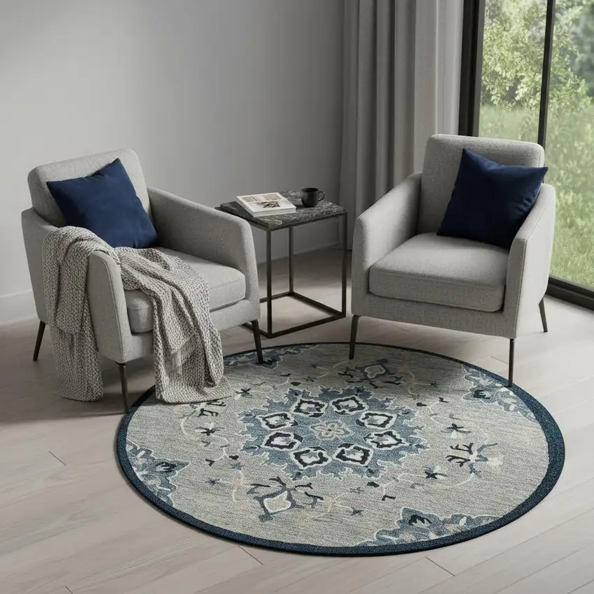 Wool Medallion Hand Tufted Round Rug Photo 1