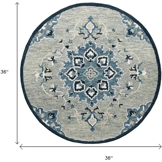 3' Blue And Gray Wool Medallion Hand Tufted Round Rug Photo 8