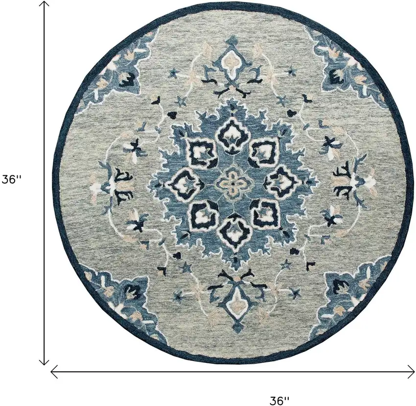 3' Blue And Gray Wool Medallion Hand Tufted Round Rug Photo 8