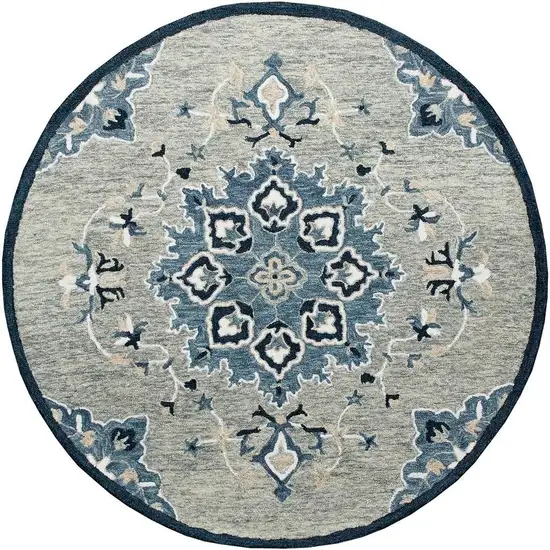 3' Blue And Gray Wool Medallion Hand Tufted Round Rug Photo 3