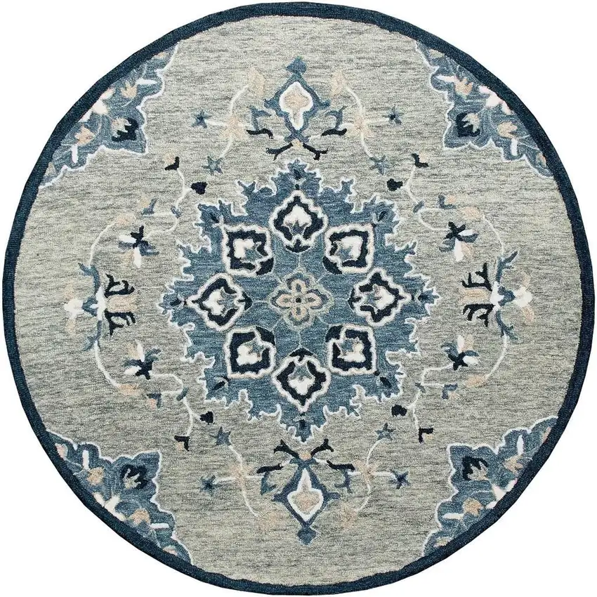 3' Blue And Gray Wool Medallion Hand Tufted Round Rug Photo 3