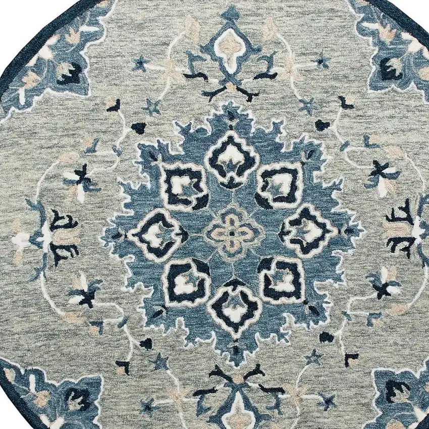 3' Blue And Gray Wool Medallion Hand Tufted Round Rug Photo 2