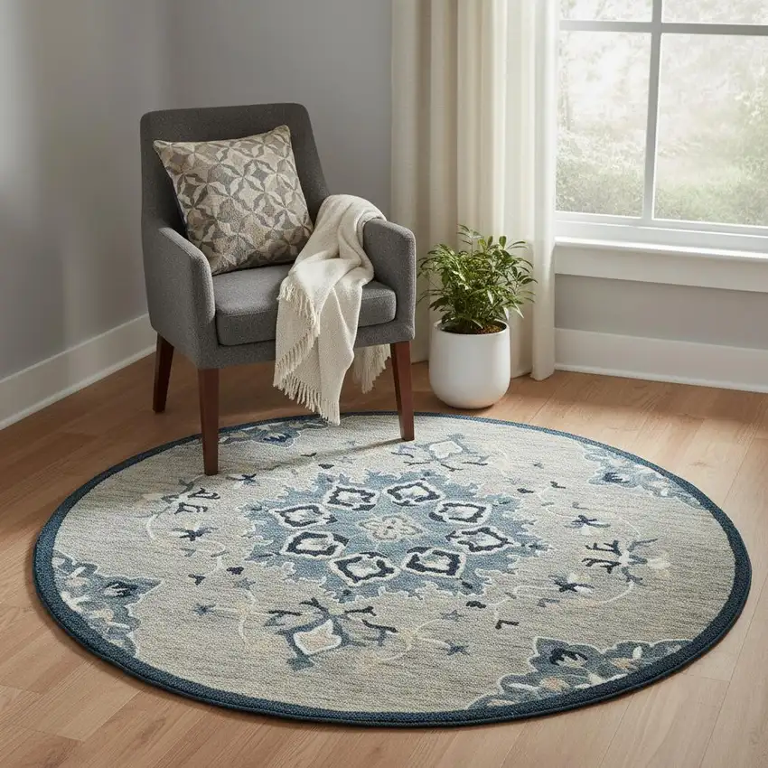 3' Blue And Gray Wool Medallion Hand Tufted Round Rug Photo 1