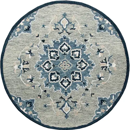 3' Blue And Gray Wool Medallion Hand Tufted Round Rug Photo 4
