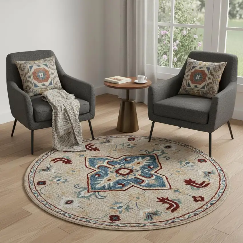 Wool Medallion Hand Tufted Washable Round Rug Photo 1