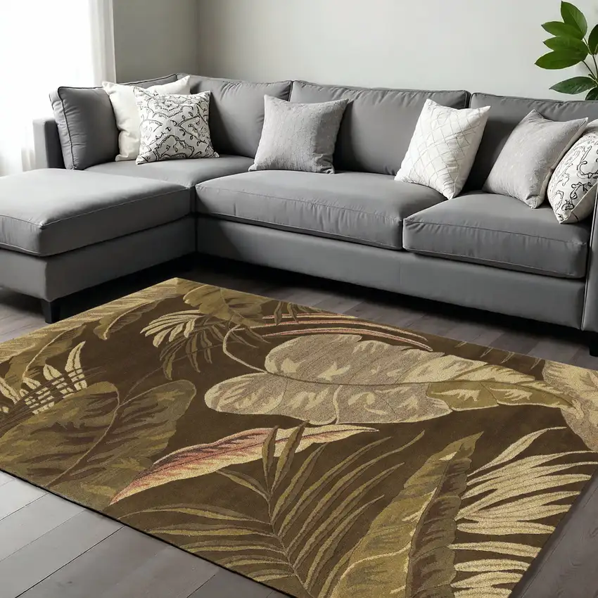 Brown And Beige Wool Botanical Leaves Hand Tufted Area Rug Photo 1