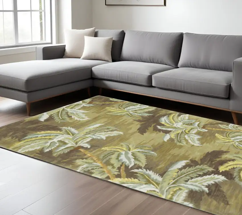 Moss Green And Yellow Wool Tropical Botanical Hand Tufted Area Rug Photo 1
