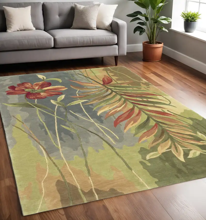 Blue And Green Wool Tropical Botanical Hand Tufted Area Rug Photo 1