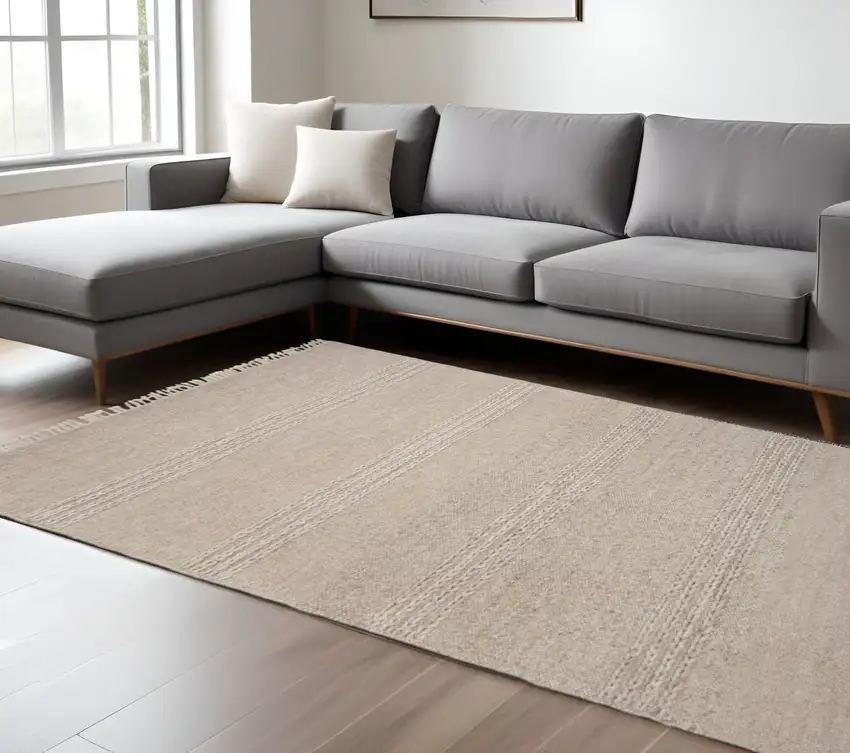 Beige Wool Hand Woven Area Rug Photo 1