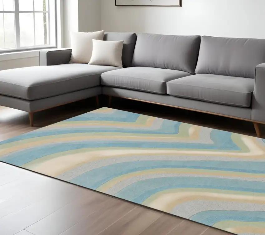 Ocean Blue and Tan Wool Hand Tufted Area Rug Photo 1