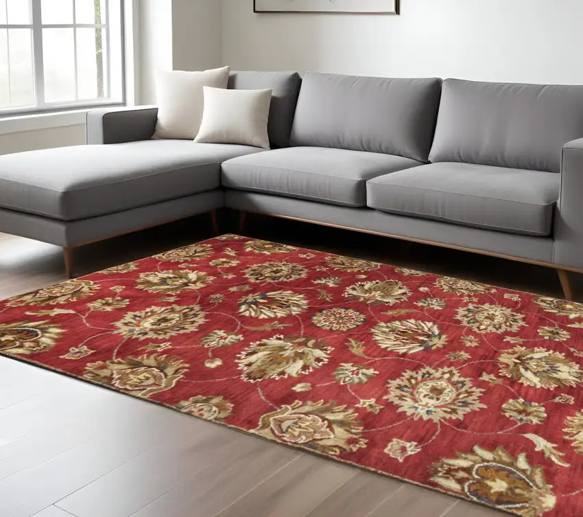 Red Ivory And Brown Wool Floral Hand Tufted Area Rug Photo 1