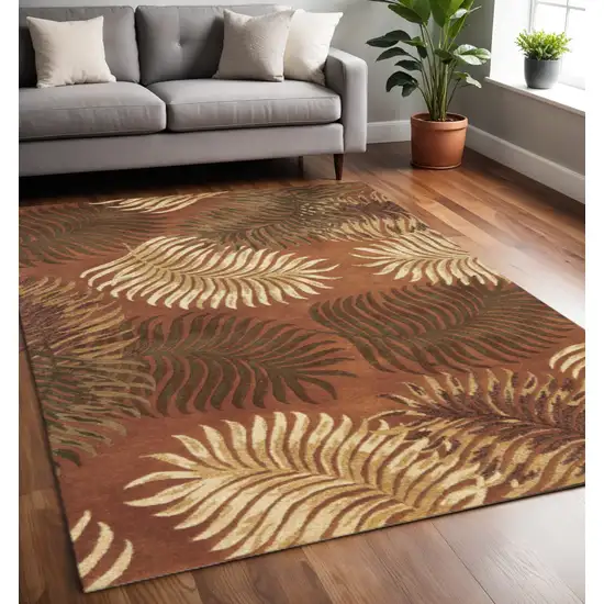 Rust Orange And Green Wool Botanical Leaves Hand Tufted Area Rug Photo 1