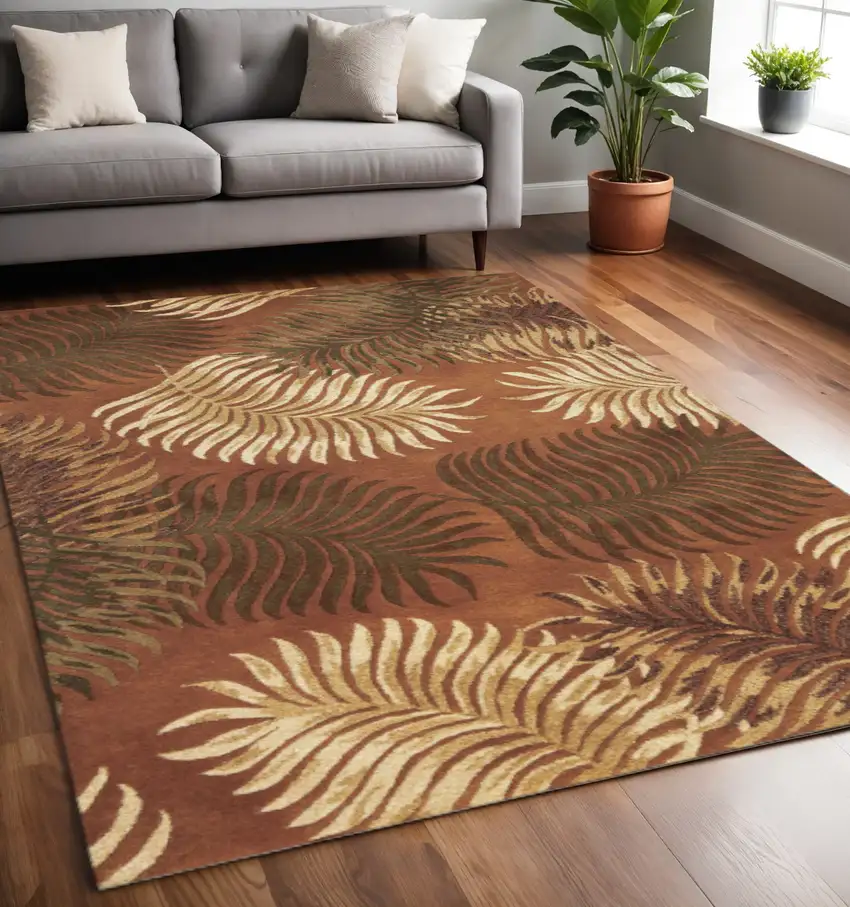 Rust Orange And Green Wool Botanical Leaves Hand Tufted Area Rug Photo 1