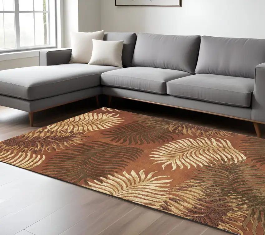 Rust Orange And Green Wool Botanical Leaves Hand Tufted Area Rug Photo 2