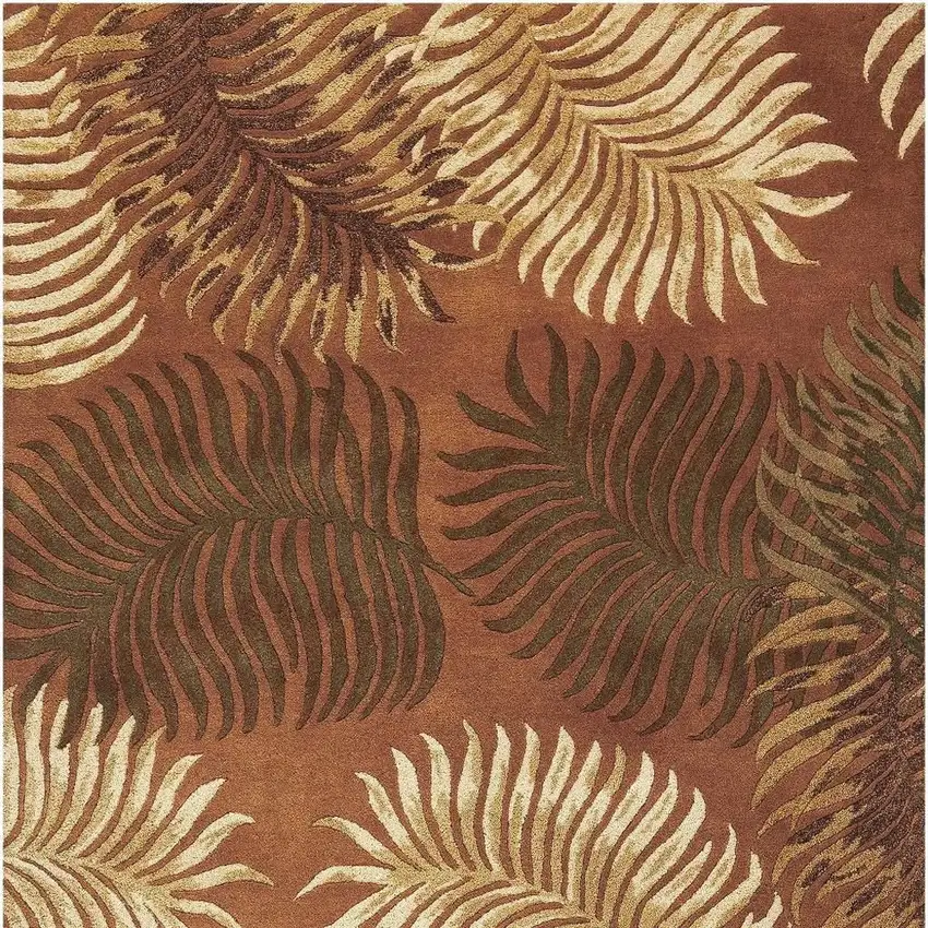 Rust Orange And Green Wool Botanical Leaves Hand Tufted Area Rug Photo 4