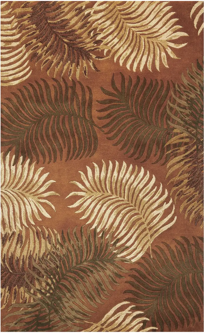 Rust Orange And Green Wool Botanical Leaves Hand Tufted Area Rug Photo 1