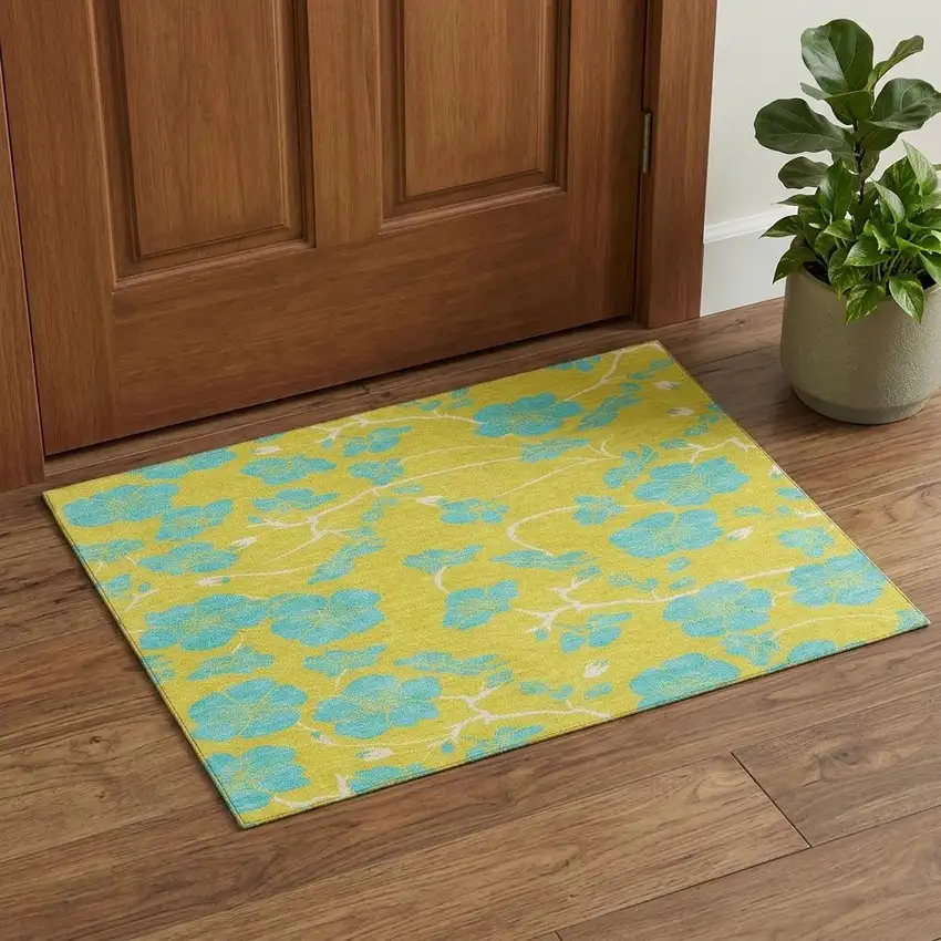 Yellow And Aqua Floral Washable Area Rug With UV Protection Photo 1