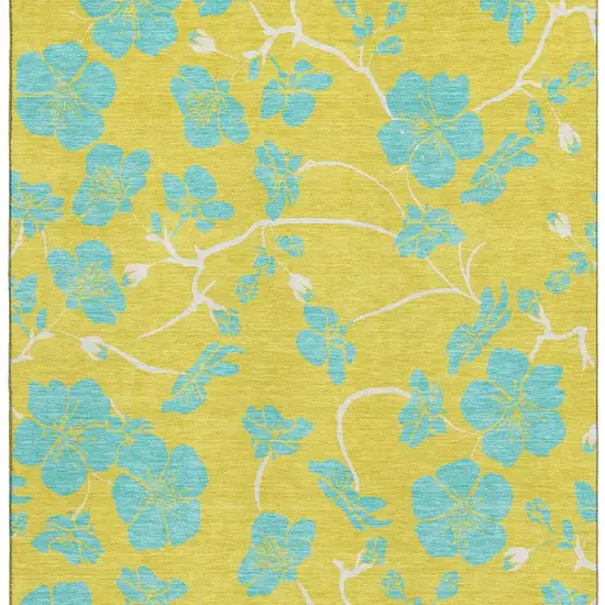 Yellow And Aqua Floral Washable Area Rug With UV Protection Photo 4